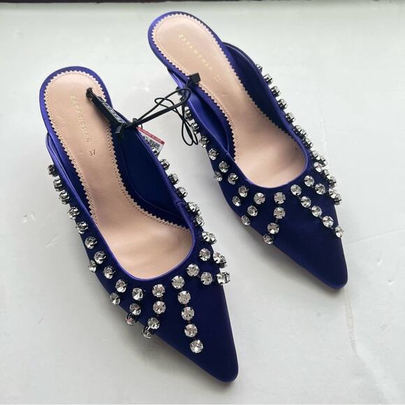 Zara Satin Embellished Rhinestone Fringe Heeled Mules Size 6.5 - Picture 3 of 9
